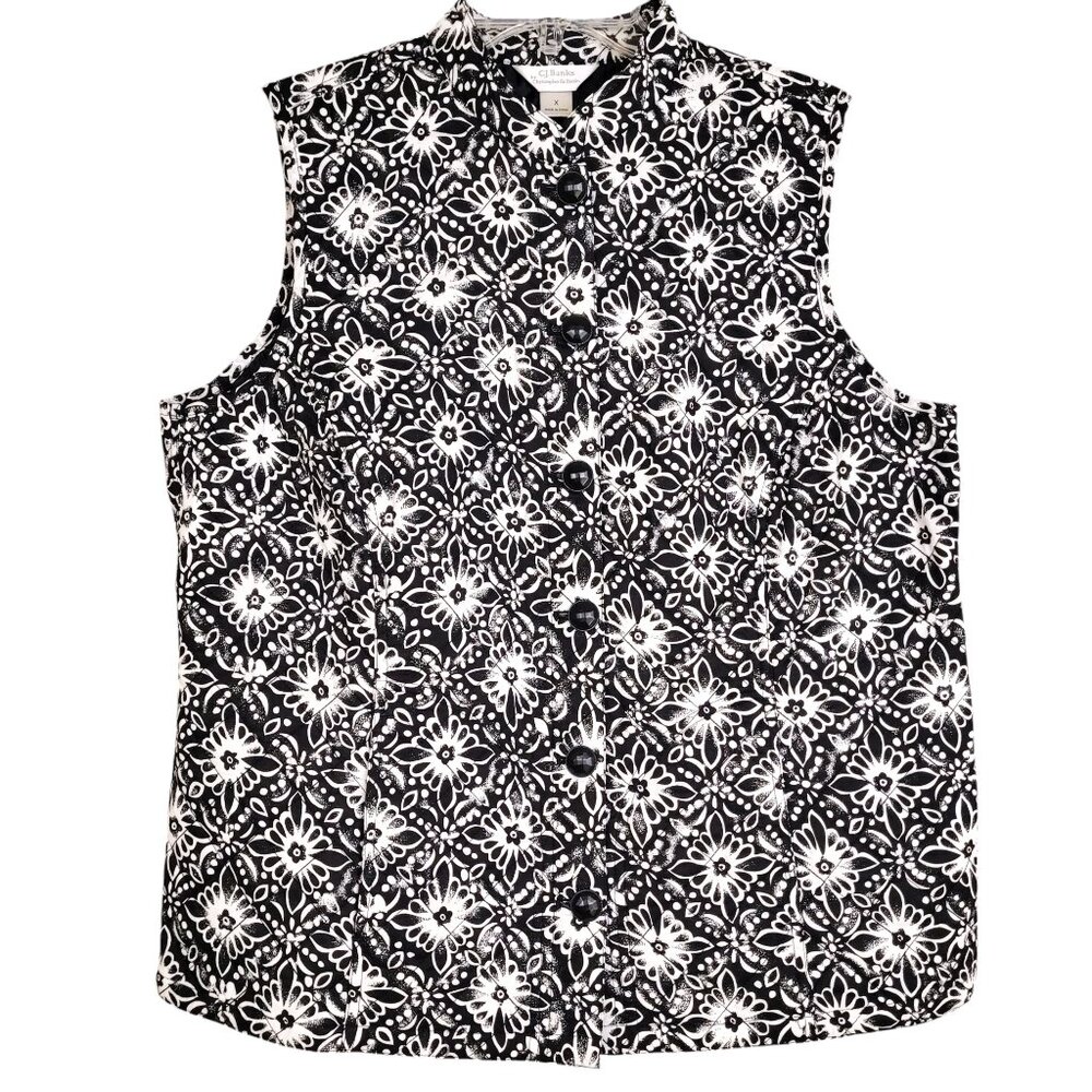 CJ Banks Quilted Vest Women's X - 14W Lightweight Black White Floral Outdoors